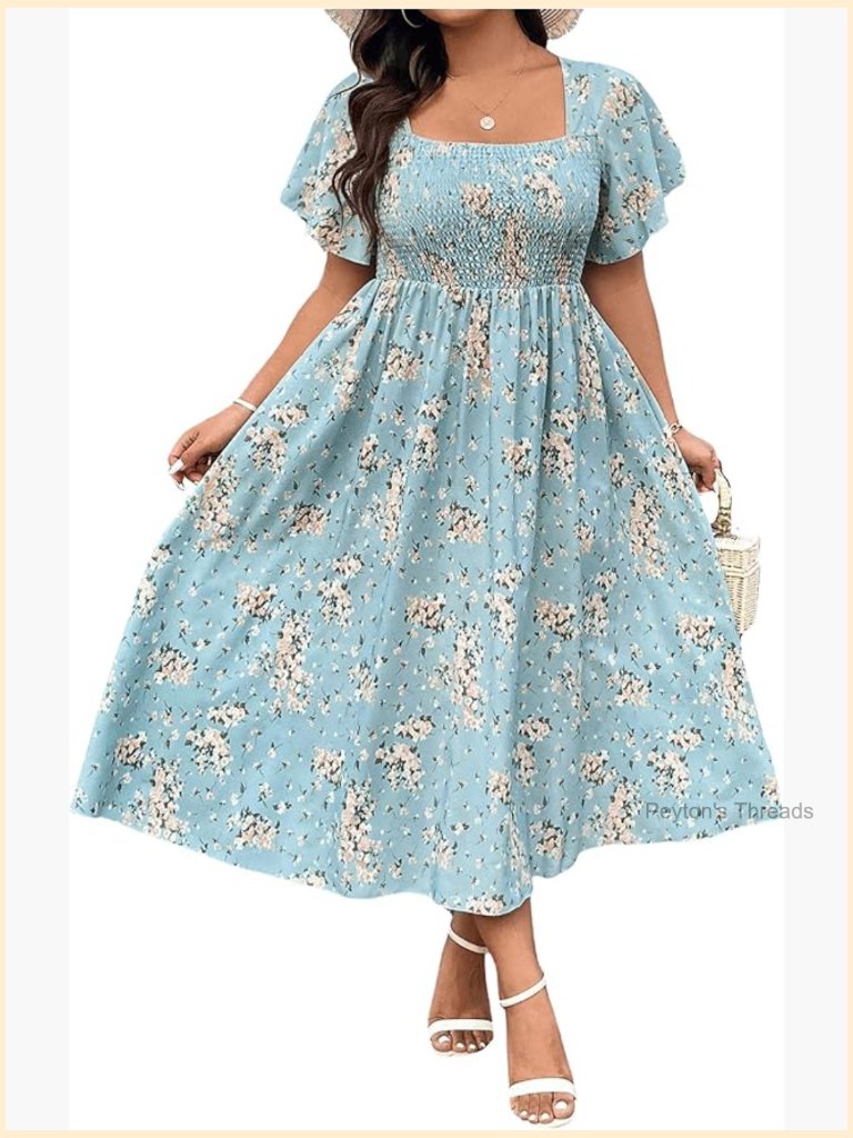 Women's Plus Size Floral Square Neck Flounce Short Sleeve A Line Maxi Dress